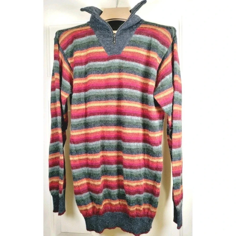 Novica 100% Alpaca Sweater Men Large Multicolor Striped Quarter Zip Pullover